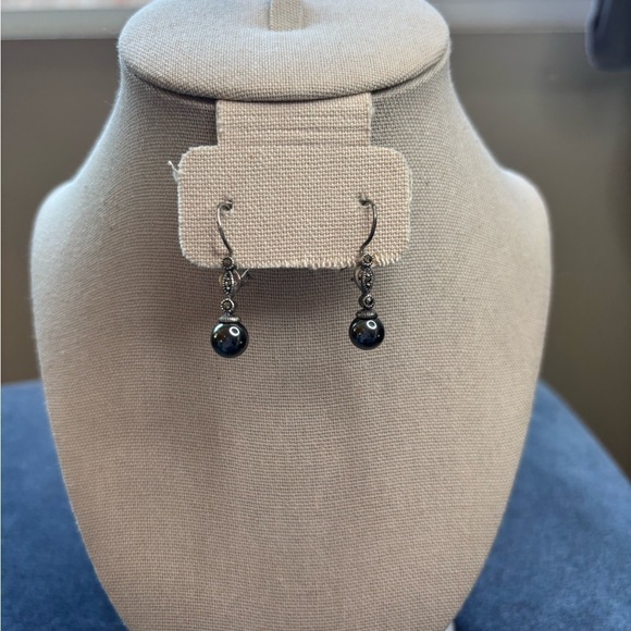 Metallic Hematite Drop Earrings with Sparkling Marcasite Accents